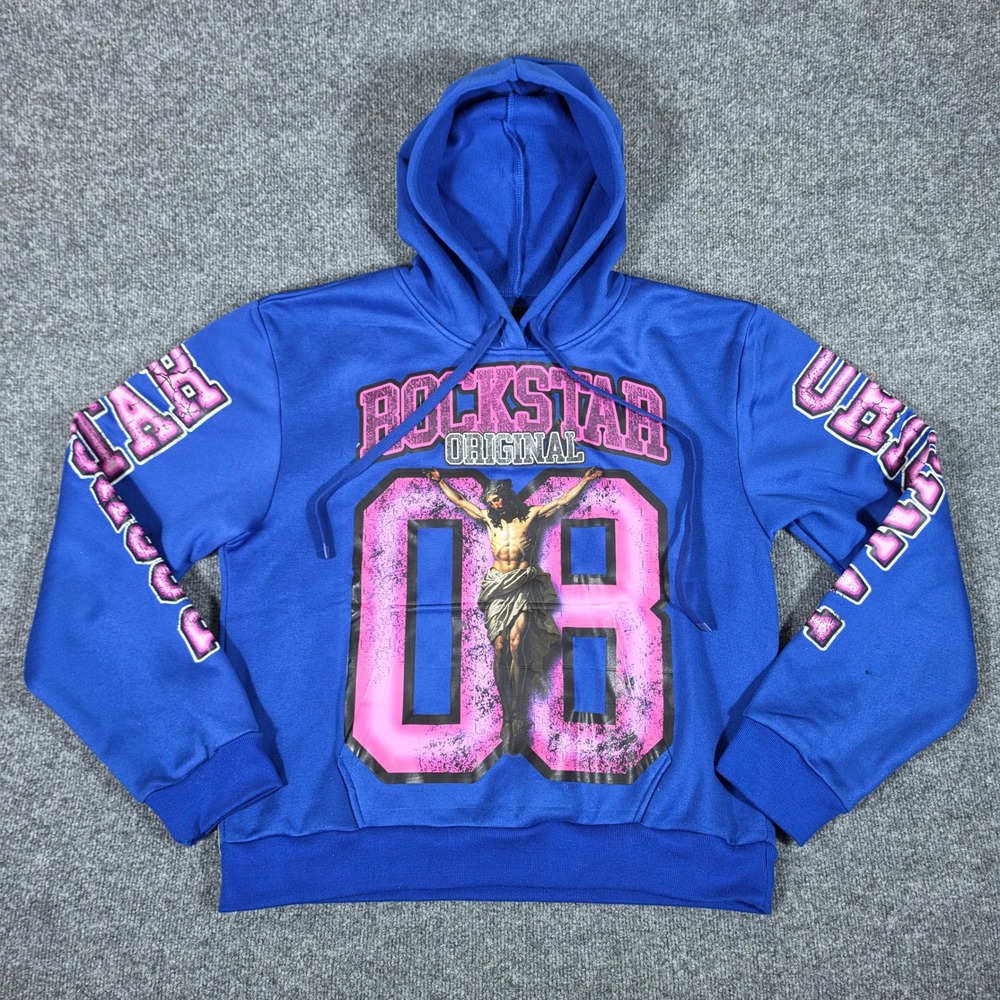 Rockstar Original Mens XXL Blue Graphic Hoodie Jesus Religious Print Streetwear